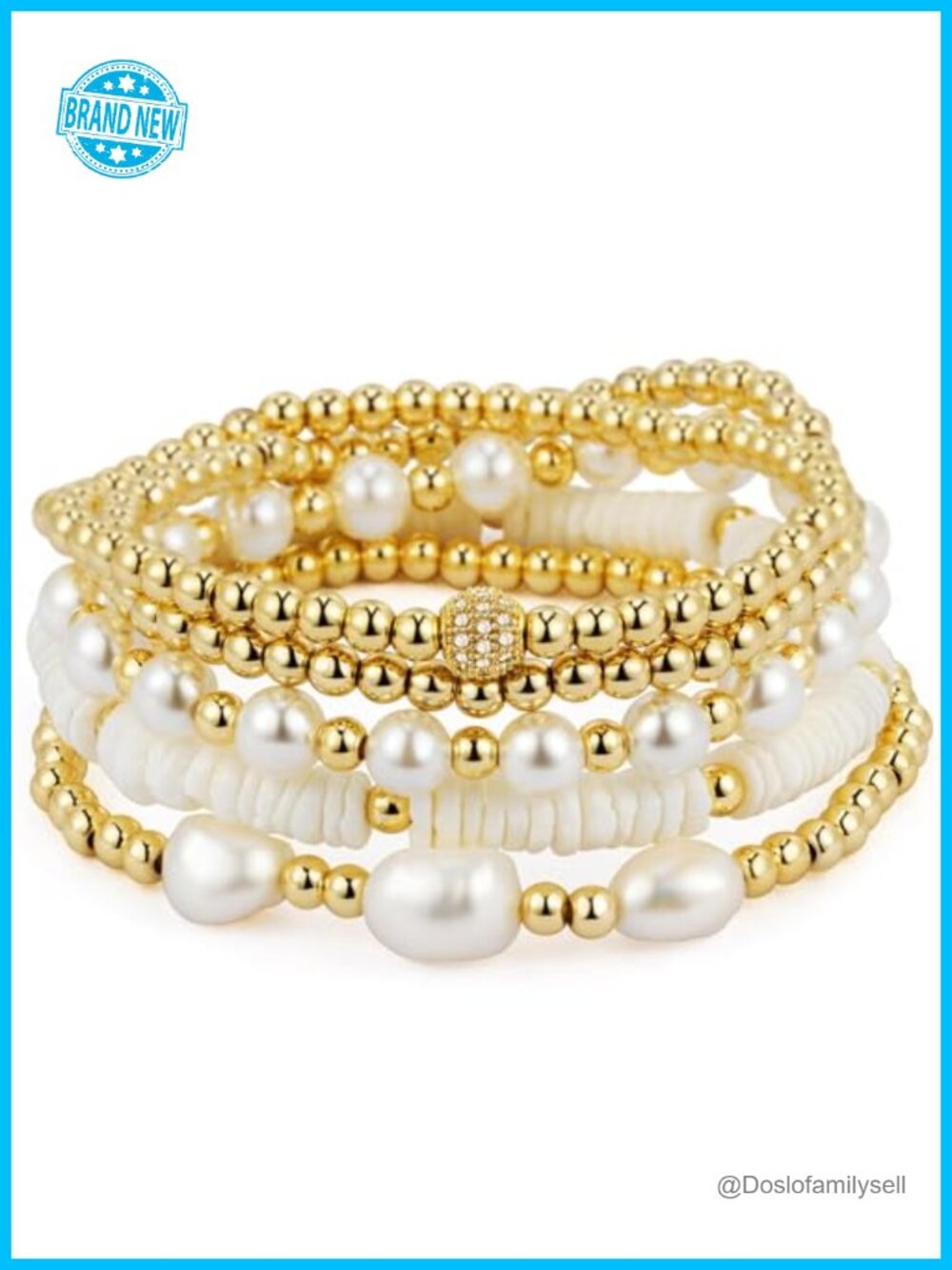14K Gold Plated Stretch Bead Ball Bracelet Stack - 5pcs Pearl Beaded Bracelets